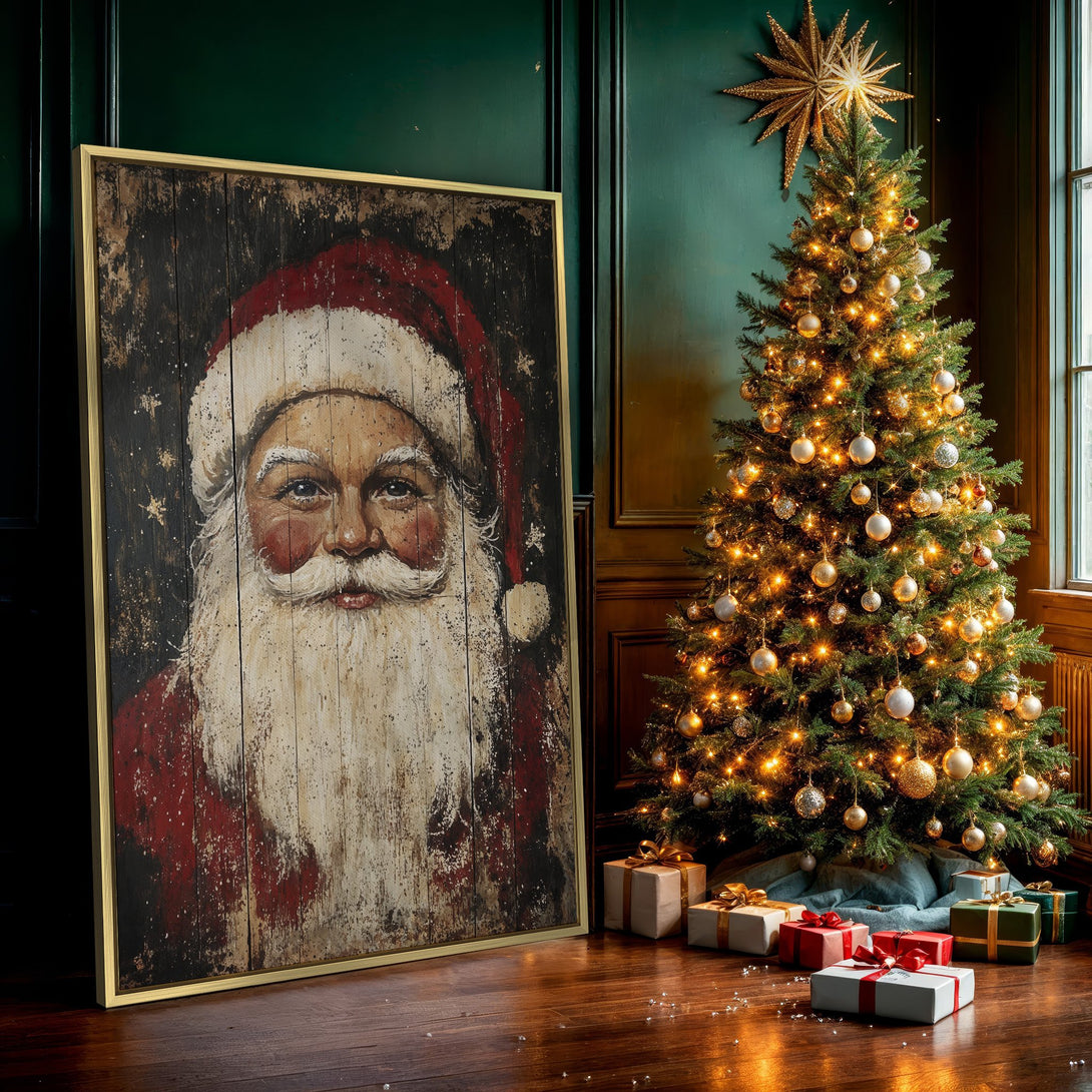 Canvas Print of Santa Claus portrait in rustic style, featuring a red and brown color palette, perfect for Christmas decor.