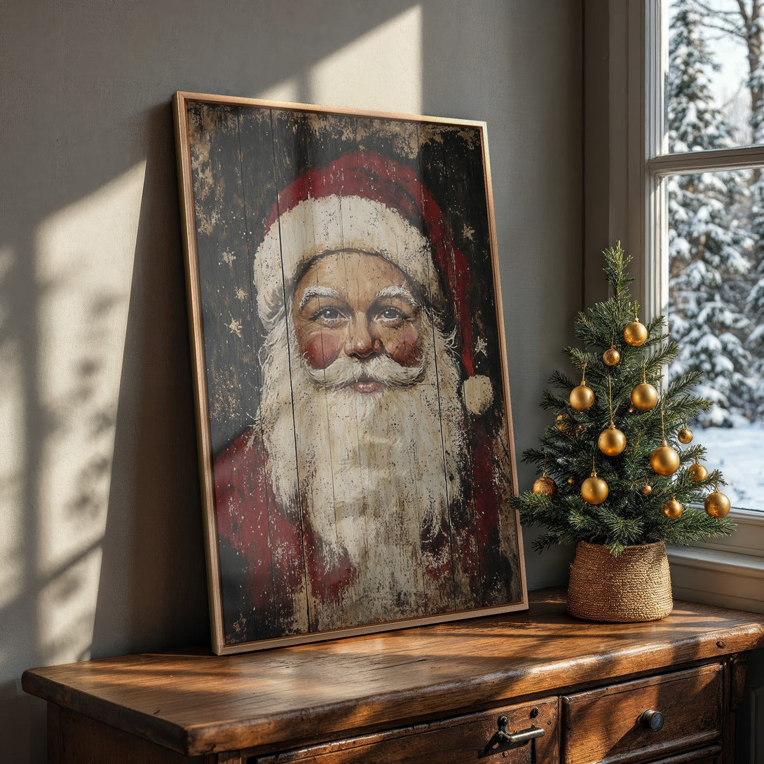Framed Wall Art featuring a vintage Santa Claus portrait in rustic style, with red, white, and brown tones. Perfect Christmas decor!