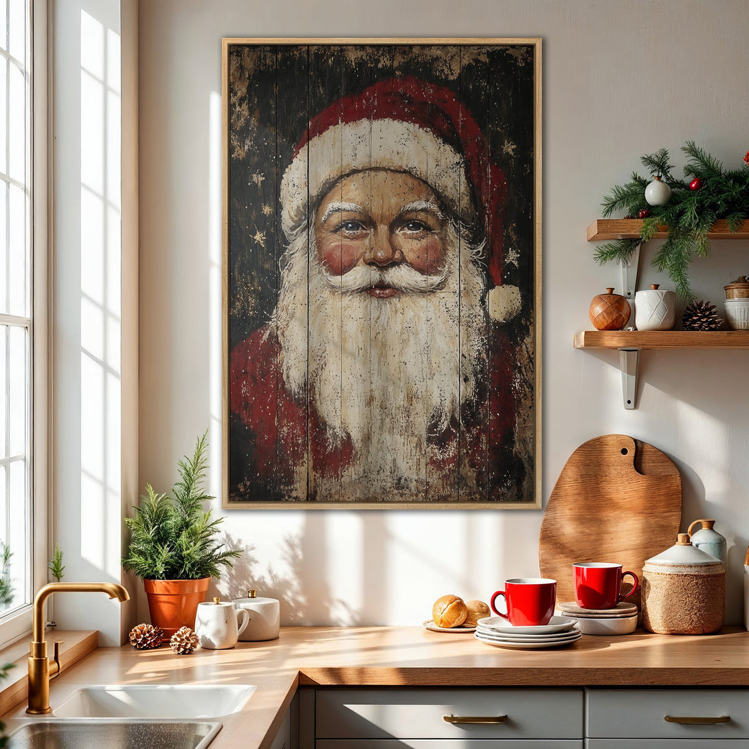 Framed Wall Art: Rustic Santa Claus portrait in red, black, and white. Perfect Christmas decor for a cozy kitchen or living room. Add holiday cheer!