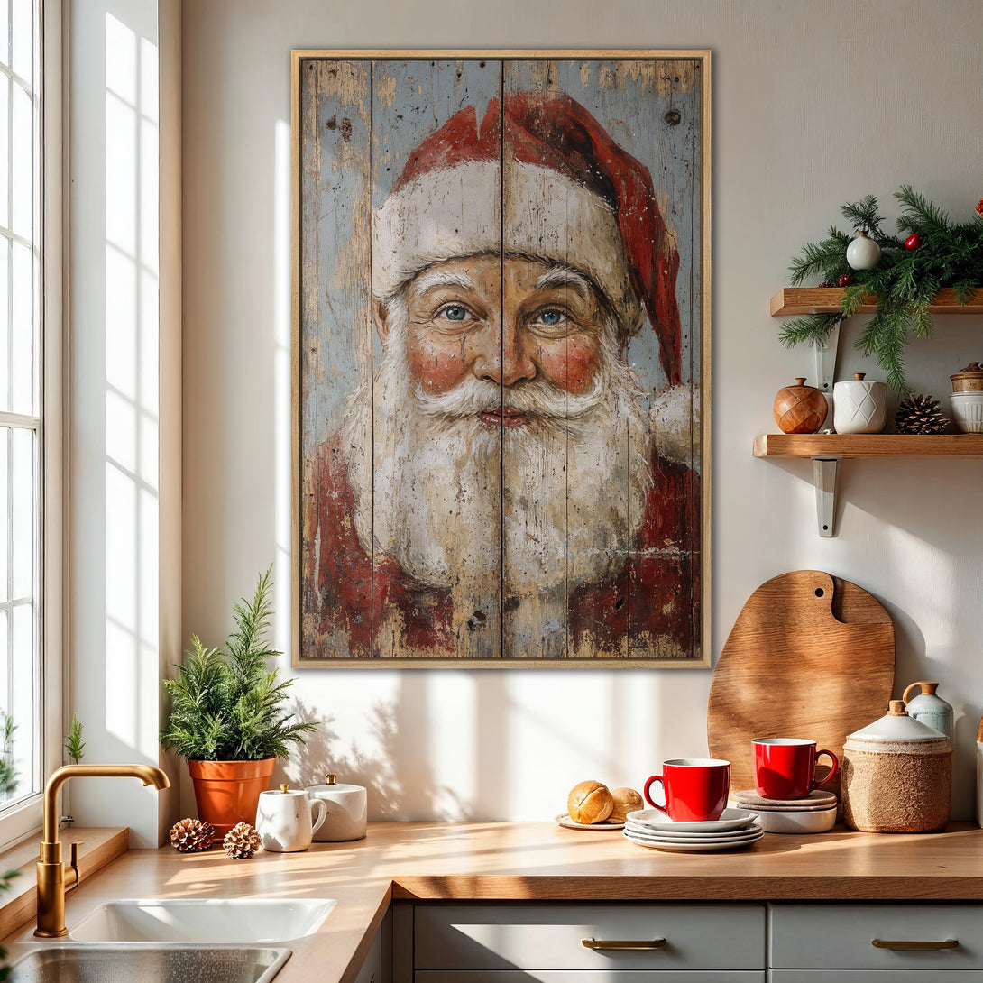 Framed Wall Art featuring Santa Claus portrait in rustic style with red, blue, and white color palette. Perfect Christmas decor for your home!