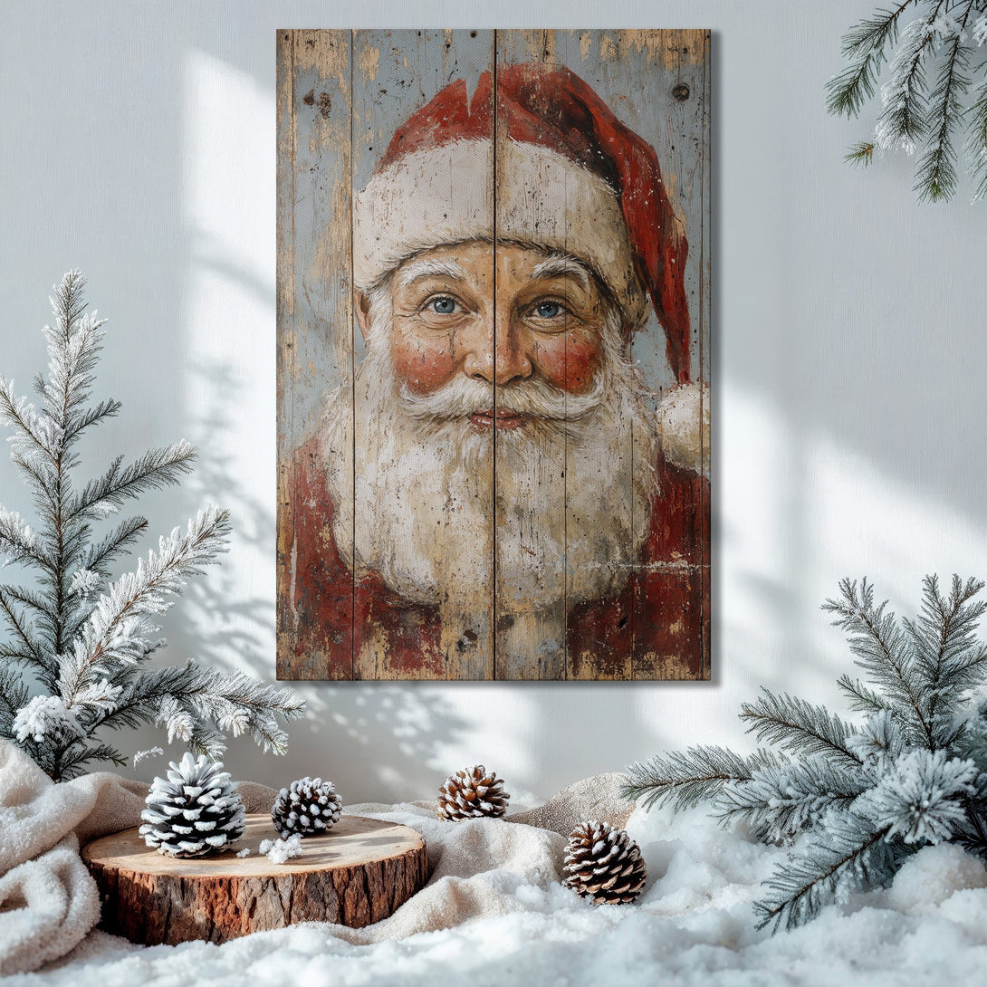 Framed Wall Art featuring Santa Claus in rustic style, with a warm red, blue, and gold color palette, perfect for holiday decor.