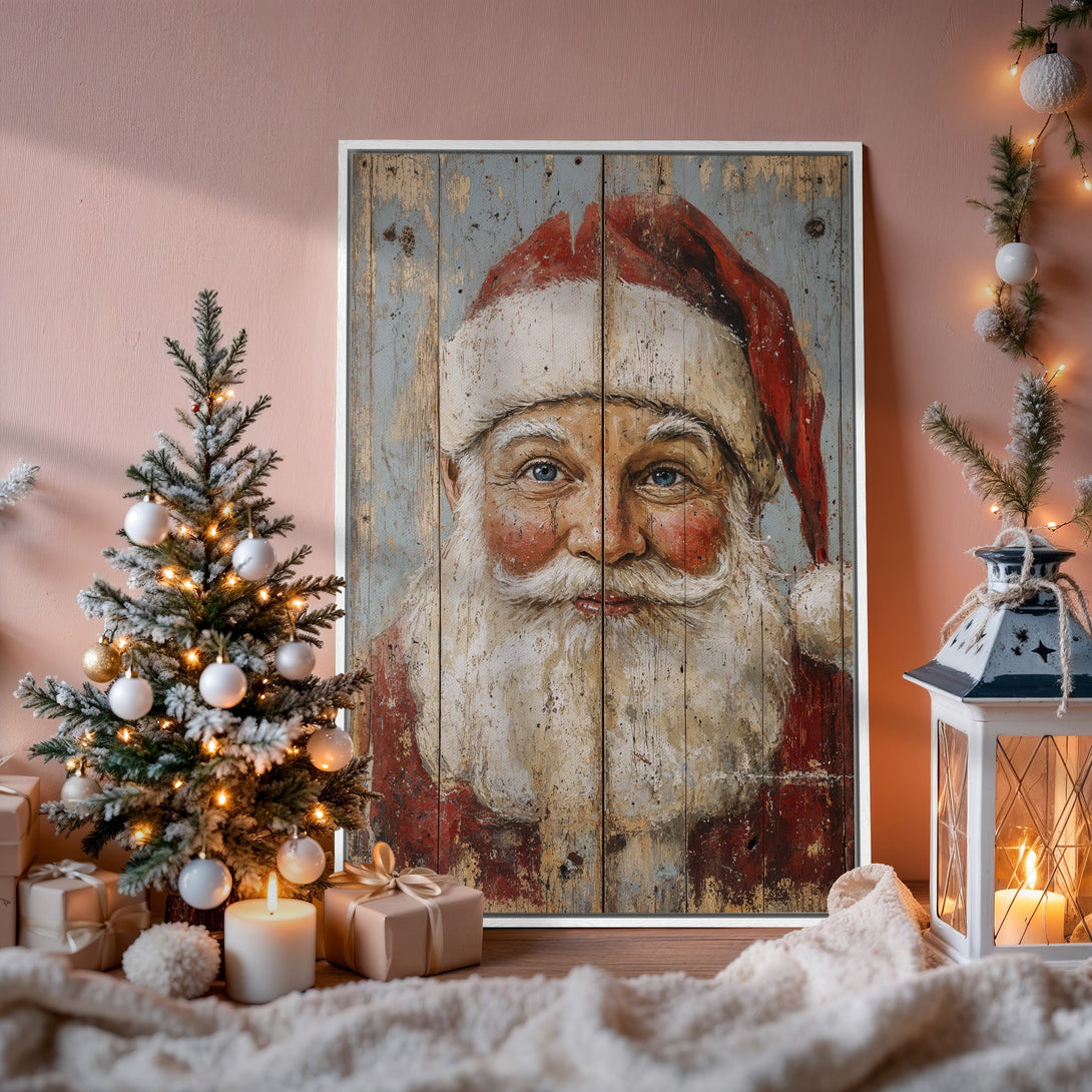 Framed Wall Art: Rustic Santa Claus portrait in red, white, and blue hues. Perfect Christmas decor for a cozy, vintage-inspired home.