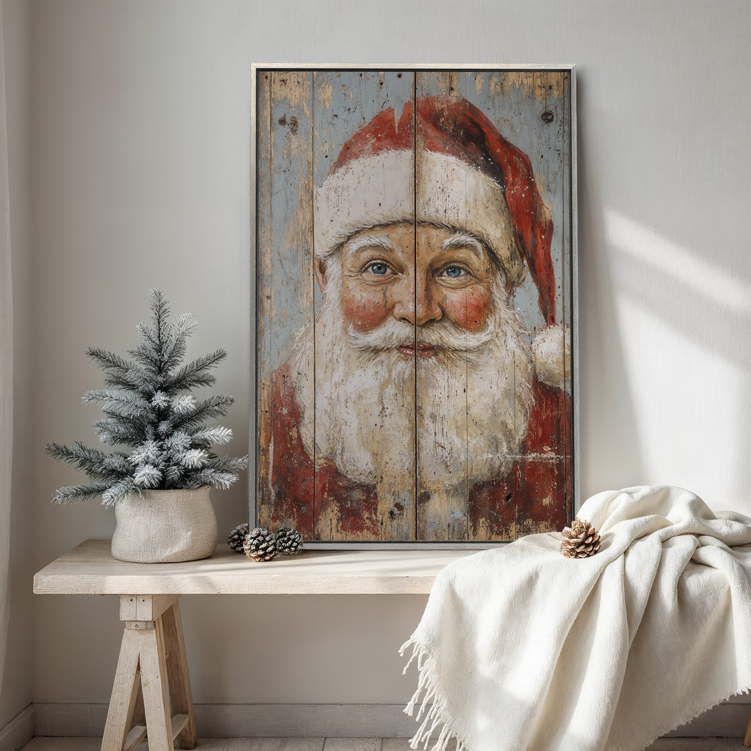 Framed Wall Art featuring Santa Claus portrait in rustic style. Red, blue, and white color palette. Perfect Christmas decor for your home.