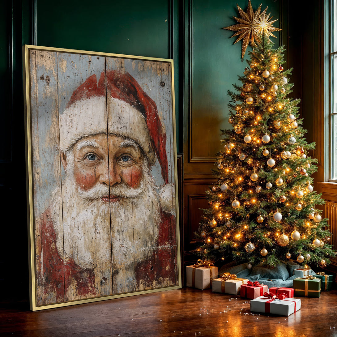 Canvas Print featuring Santa Claus portrait, rustic style, red & blue color palette, perfect Christmas decor.