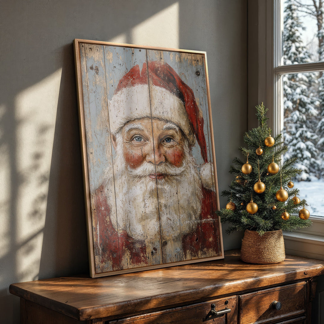 Framed Wall Art featuring Santa Claus portrait in rustic style. Warm red, blue, and white color palette. Perfect Christmas decor!