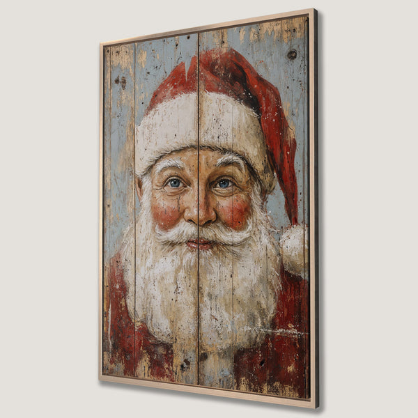 Framed Wall Art featuring Santa Claus portrait. Rustic style with red, white, and blue color palette. Perfect Christmas decor for your home!