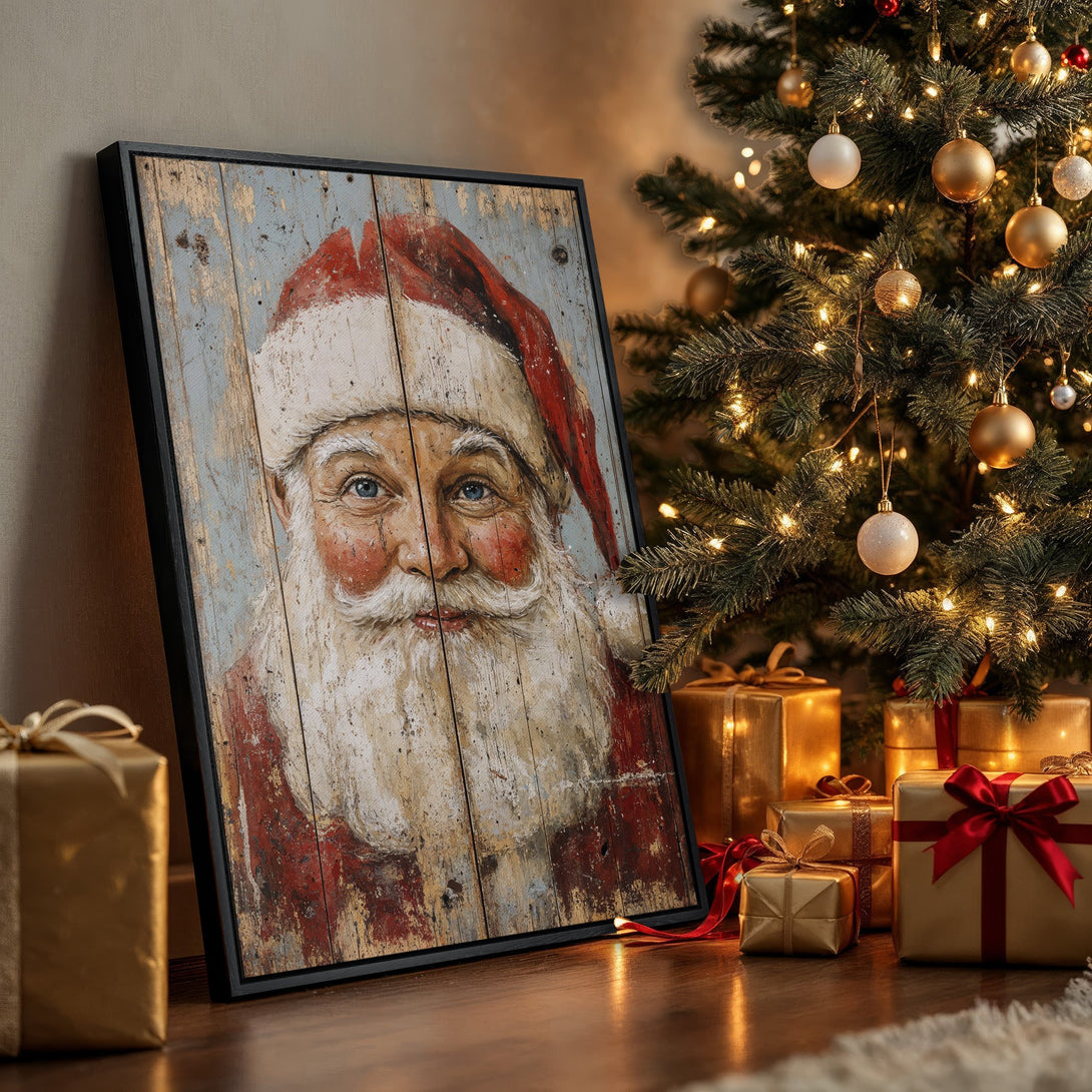 Framed Wall Art: Rustic Santa Claus portrait with red, blue, and white color palette. Perfect Christmas decor for a cozy holiday vibe.