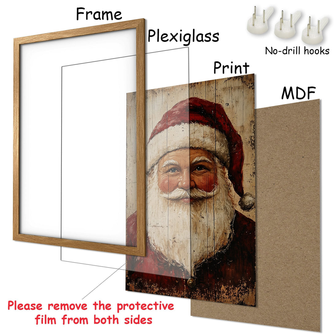 Framed Poster featuring Santa Claus art. Rustic style, warm red and brown tones. Perfect Christmas decor!