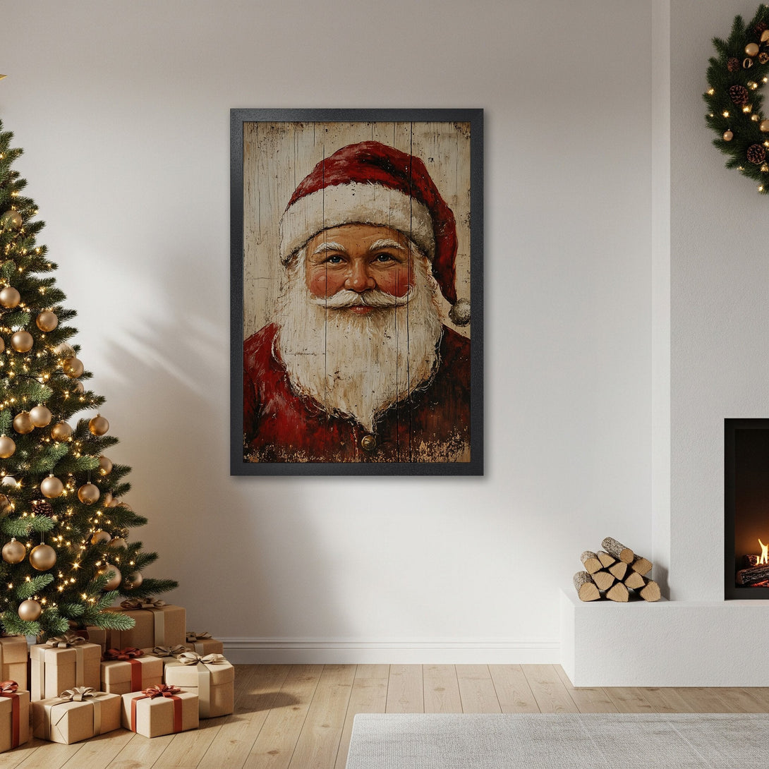 Framed Poster featuring Santa Claus in a rustic style, with a red and white color palette, perfect for Christmas decor.