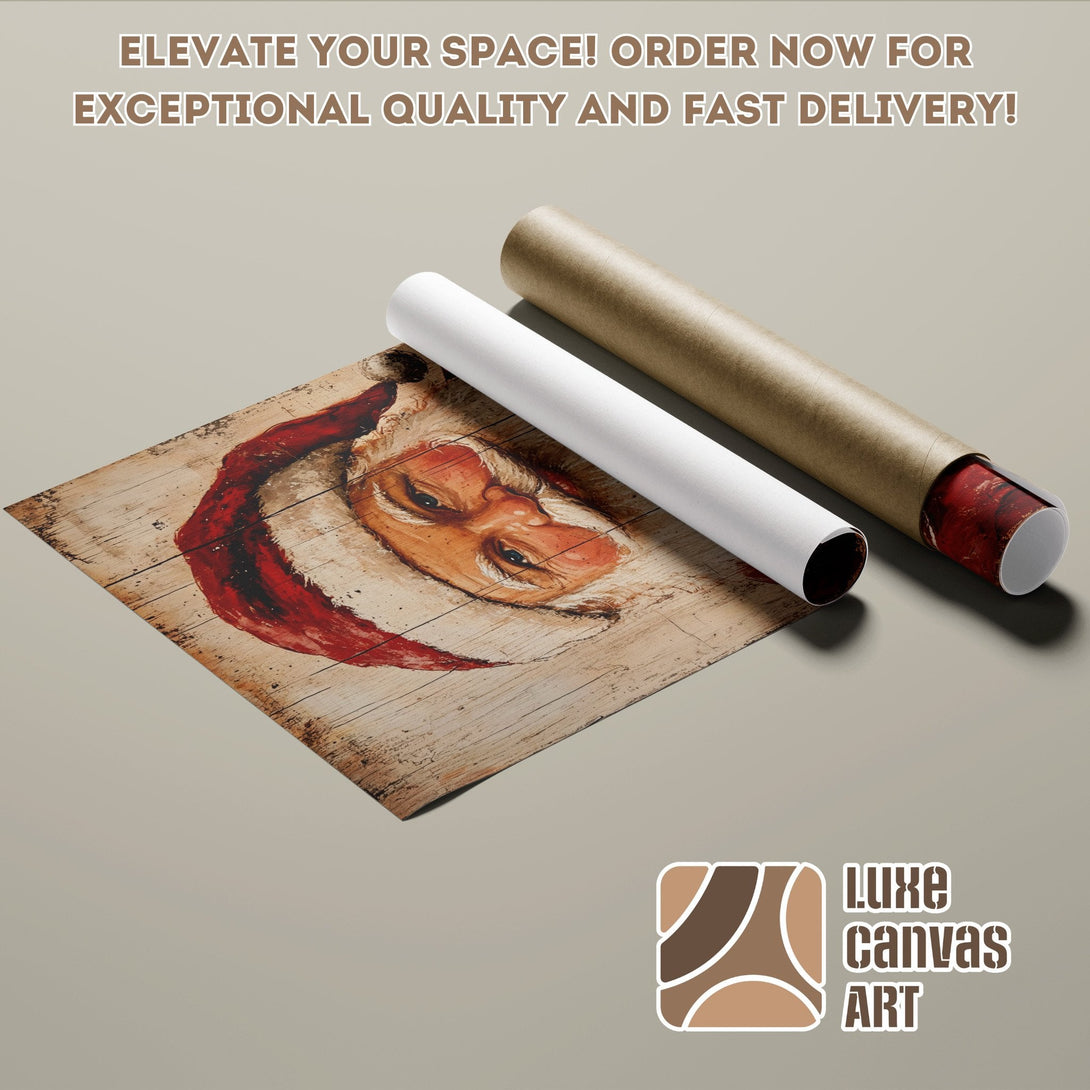 Poster Roll featuring Santa Claus art, rustic style, warm brown and red color palette. Order now!
