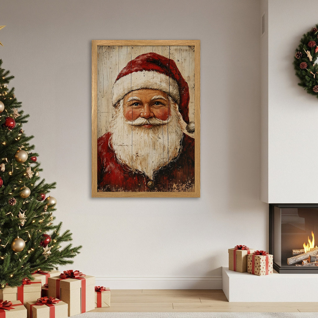 Framed Poster featuring Santa Claus in a rustic style with red and white tones, perfect for Christmas decor.