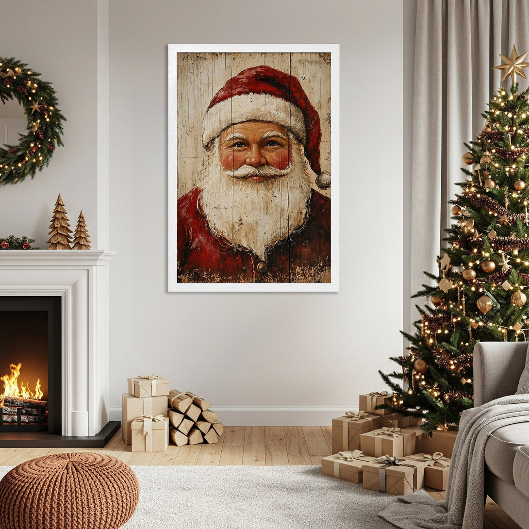 Framed Poster featuring Santa Claus. Rustic style, warm red and cream color palette. Perfect Christmas decor!
