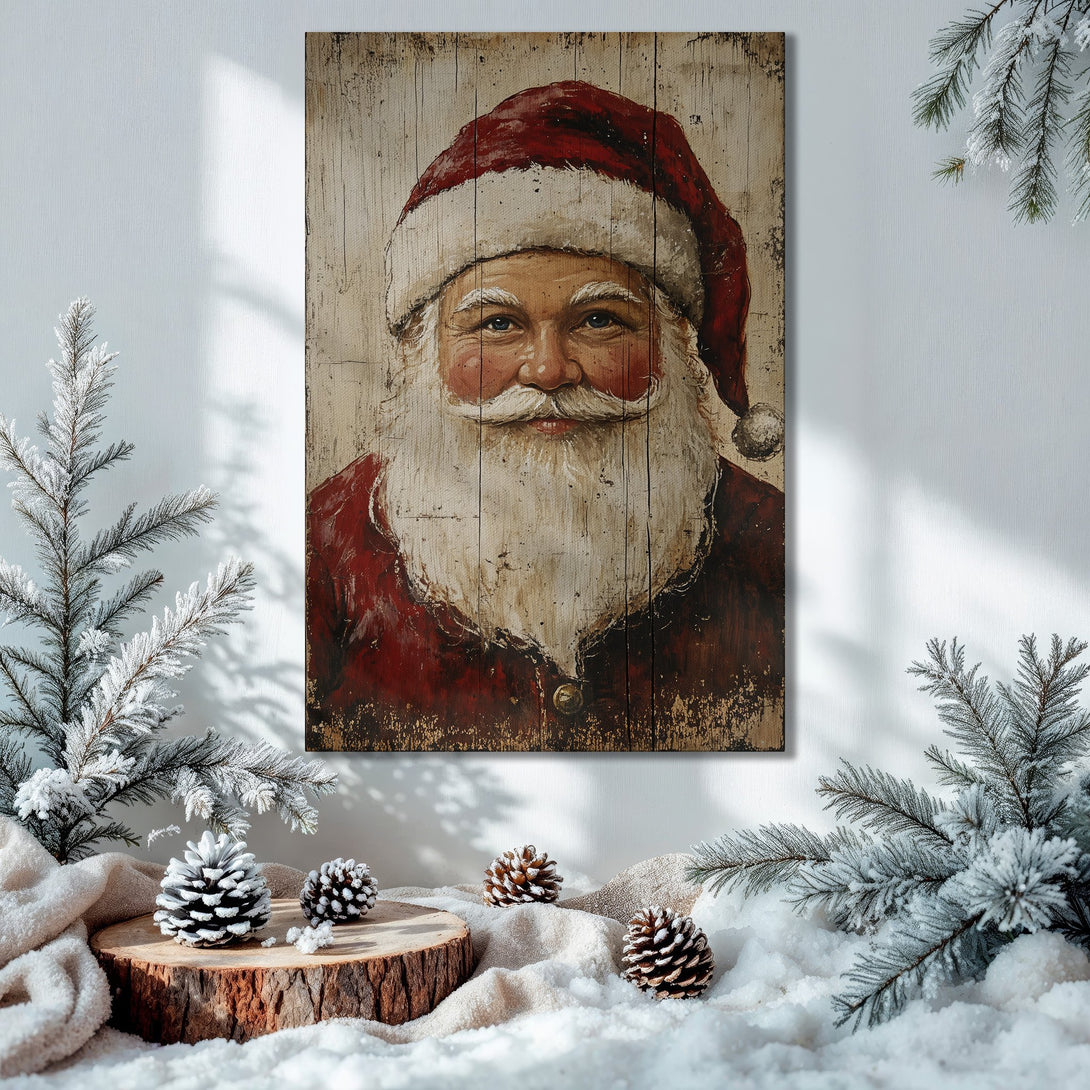 Framed Wall Art: Rustic Santa Claus portrait in red and white, displayed in a festive Christmas scene. Warm color palette, perfect holiday decor.