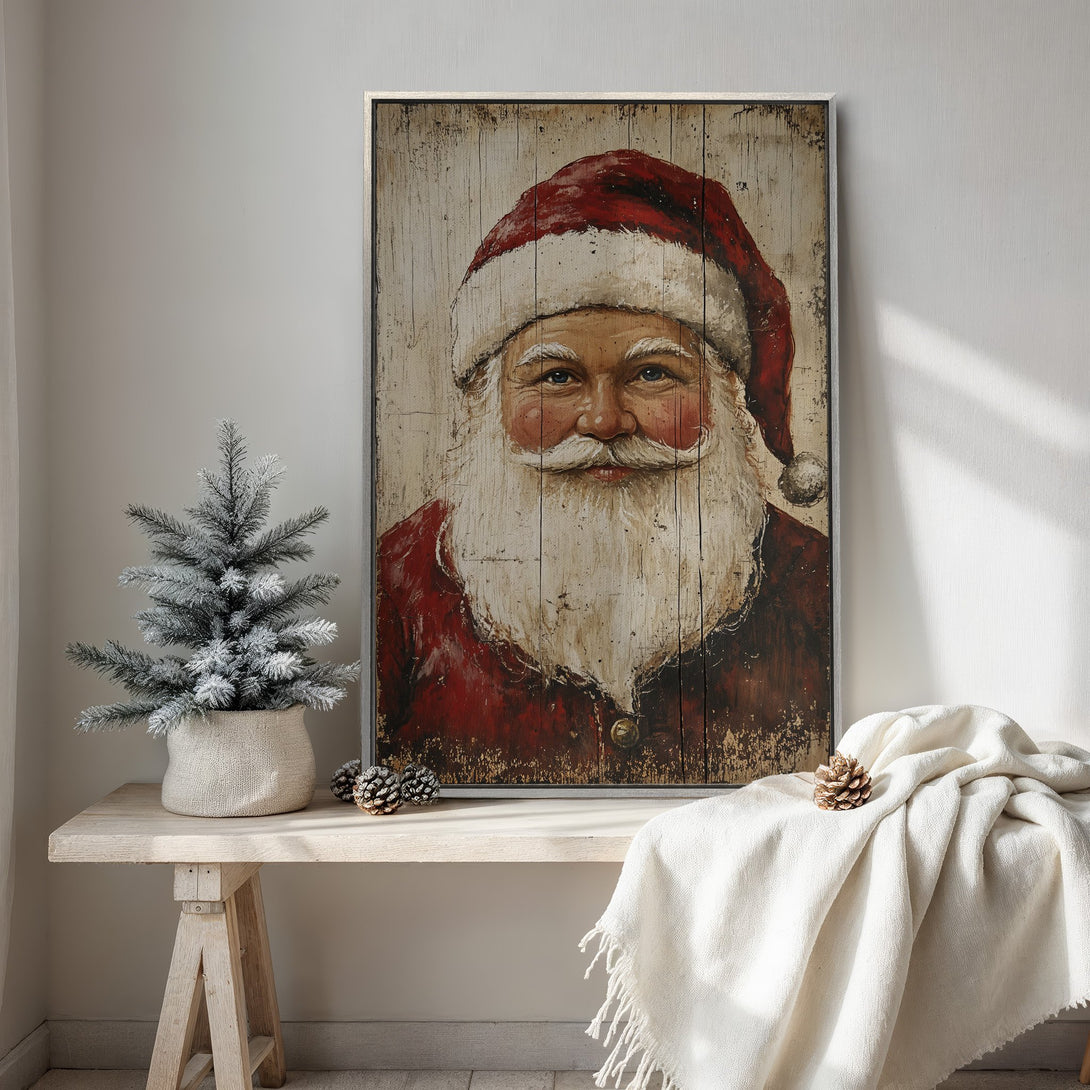 Framed Wall Art: Vintage Santa Claus portrait with rustic, distressed style. Warm red, white & neutral color palette. Perfect Christmas decor for your home.