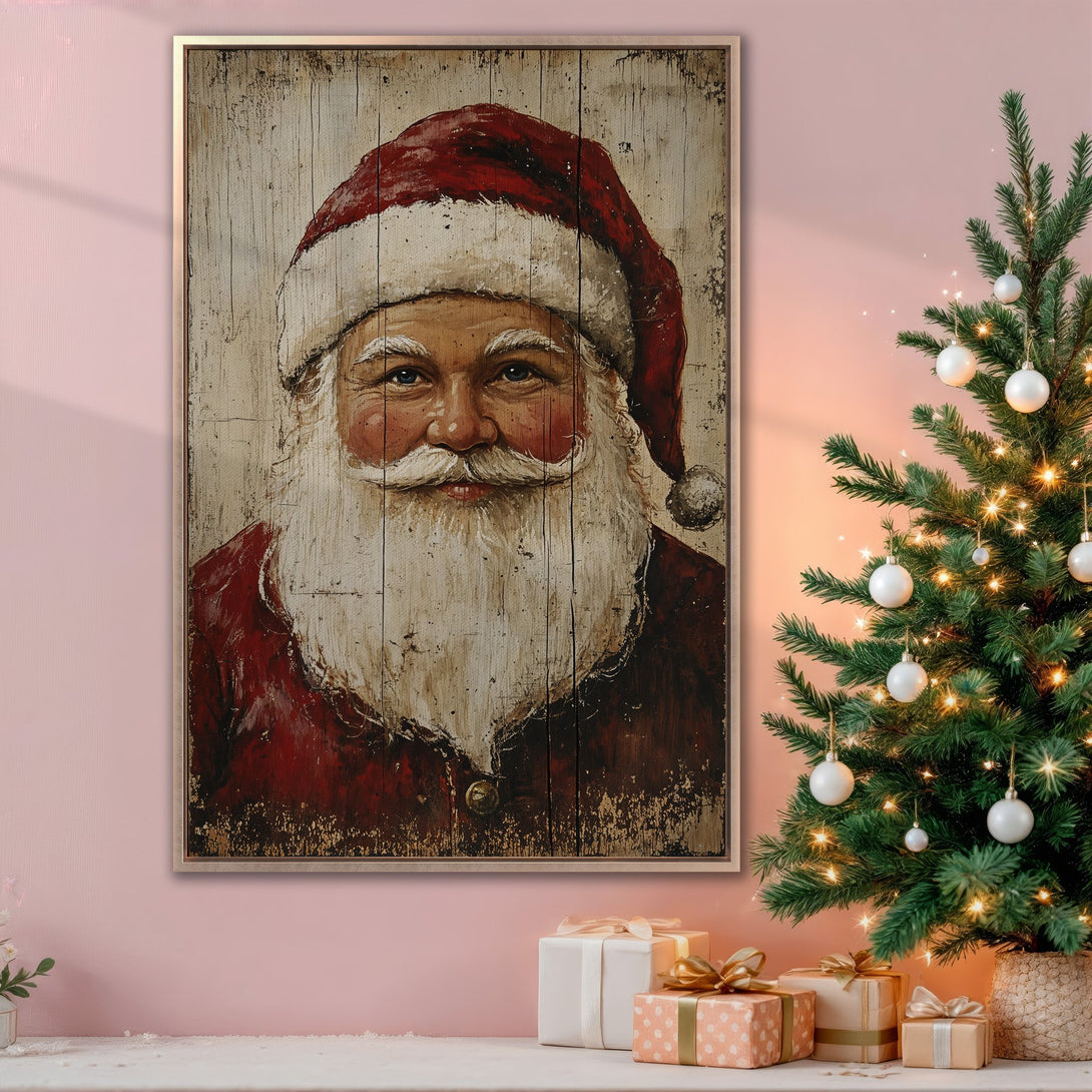 Framed Wall Art: Vintage Santa Claus portrait in rustic style, featuring red, white, and cream tones. Perfect Christmas decor for a cozy interior.