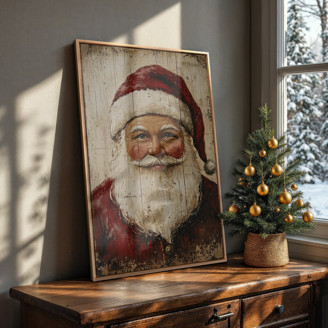 Framed Wall Art: Vintage Santa Claus portrait in rustic style, featuring red and neutral tones. Perfect Christmas decor for a cozy, festive home.