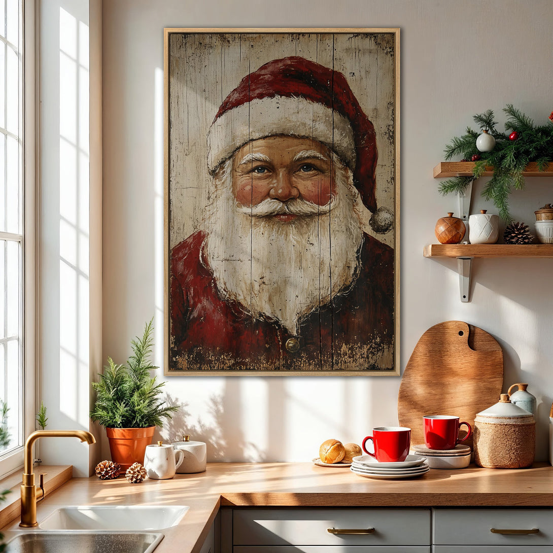 Framed Wall Art: Rustic Santa portrait in red and white. Perfect Christmas decor for a cozy kitchen. Vintage style canvas print.