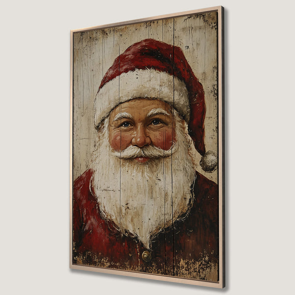 Framed Wall Art featuring Santa Claus portrait in rustic style. Rich red and cream color palette adds festive charm. Perfect Christmas decor!