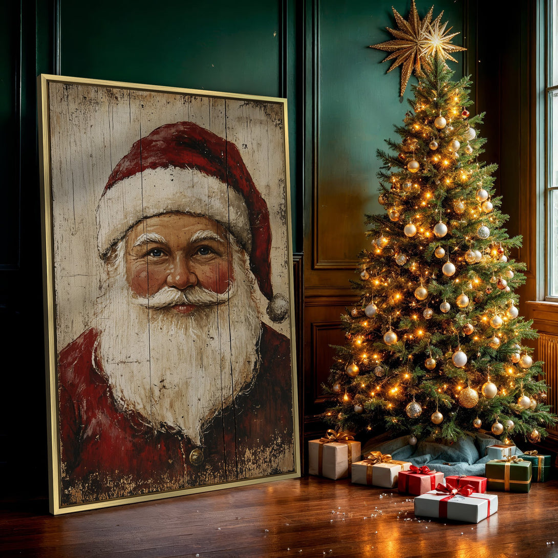 Canvas Print of Santa Claus portrait in rustic style with red and cream color palette, perfect for Christmas decor.