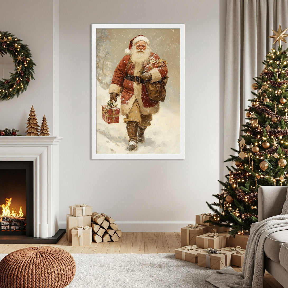 Framed Poster featuring Santa Claus in a vintage style, with a warm red and beige color palette, perfect for Christmas decor.
