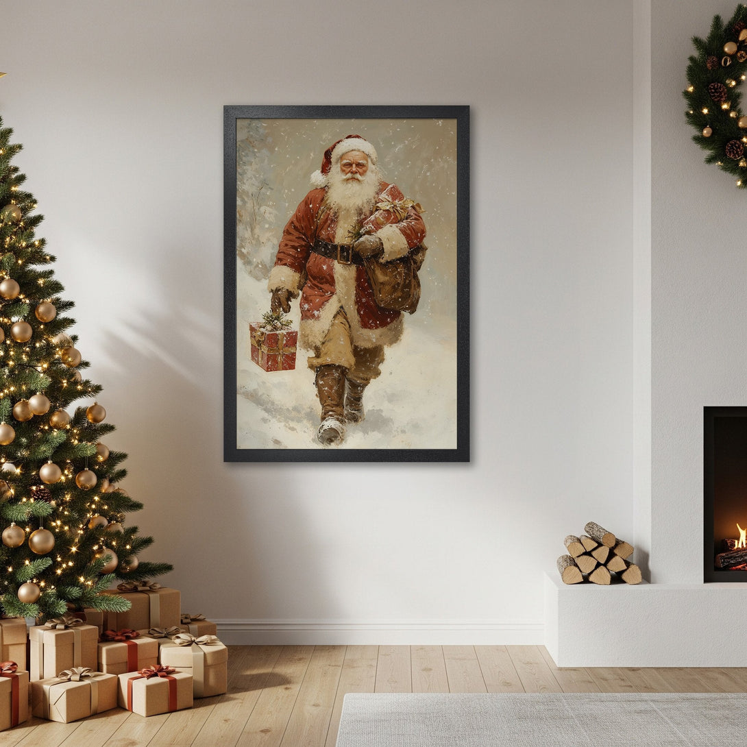 Framed Poster featuring Santa Claus walking in the snow. Classic art style with a warm red and white color palette, perfect for Christmas decor.