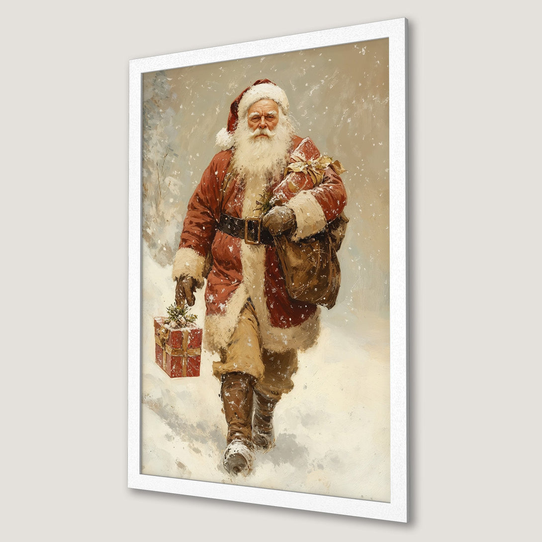 Framed Poster featuring Santa Claus in a vintage style, walking through the snow. Warm red, brown, and cream color palette. Perfect Christmas decor!