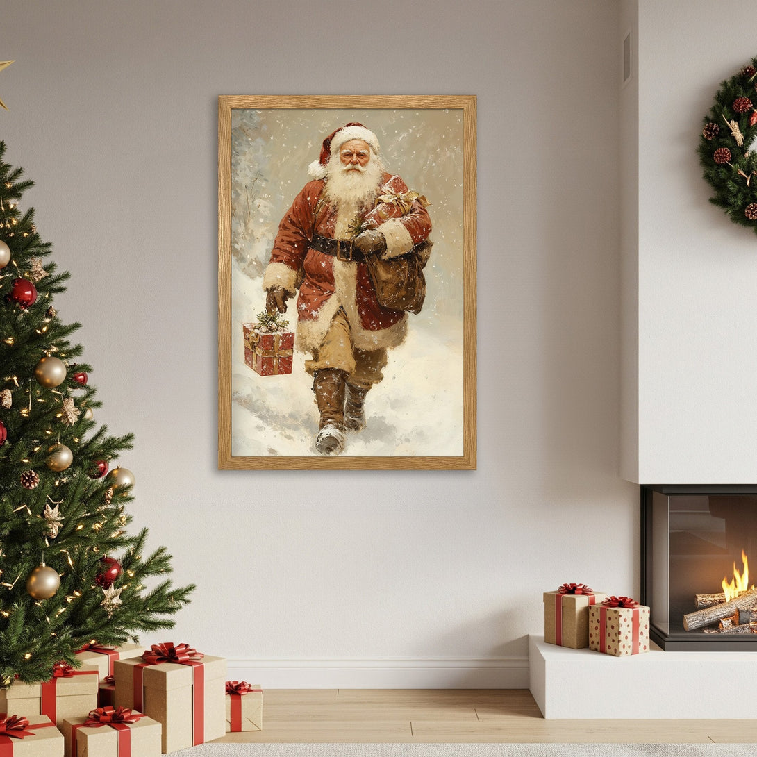 Framed Poster of Santa Claus in a snowy scene. Classic art style, warm red and beige color palette. Perfect Christmas decor!