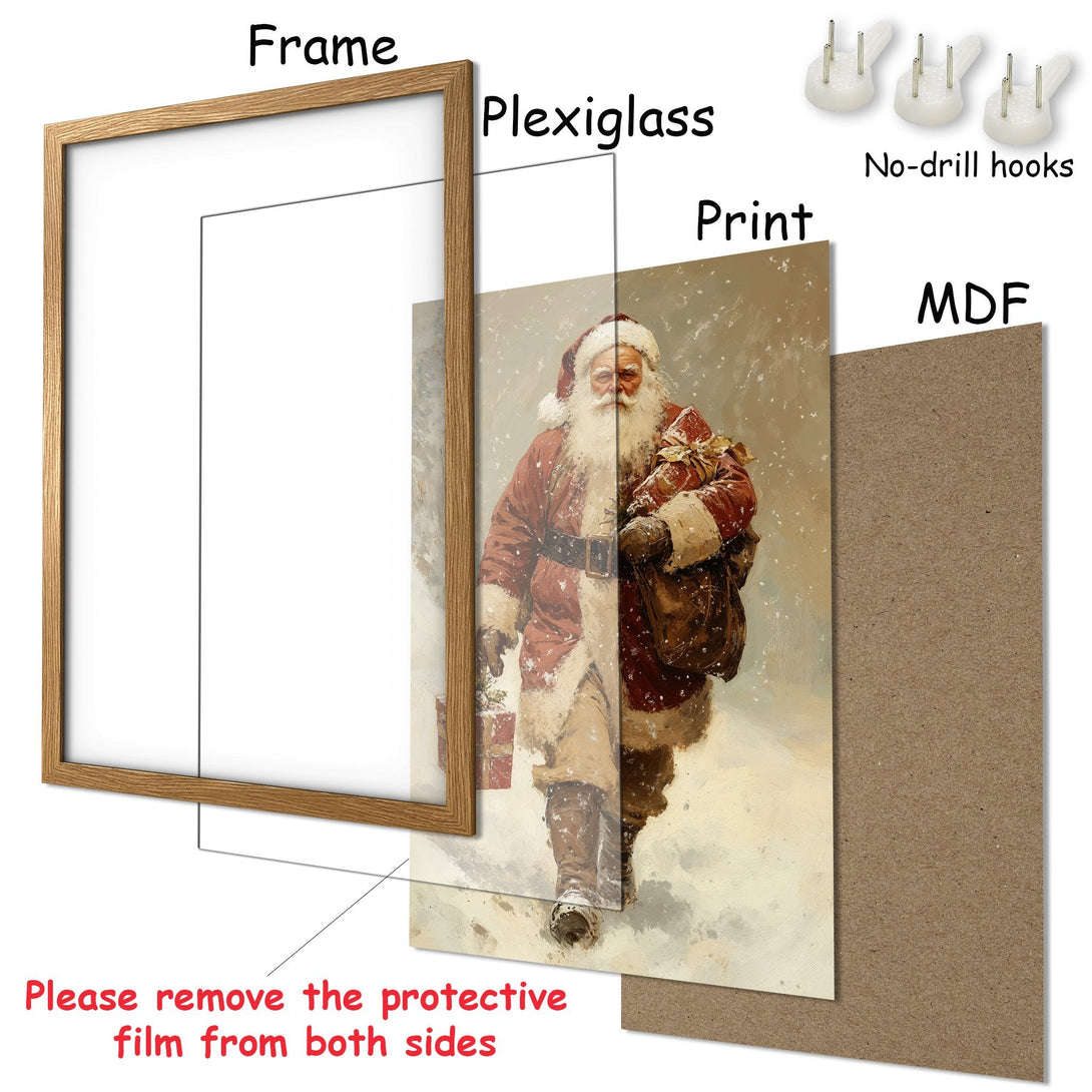 Framed Poster featuring Santa Claus in a vintage style, warm red and beige color palette, ready to hang.
