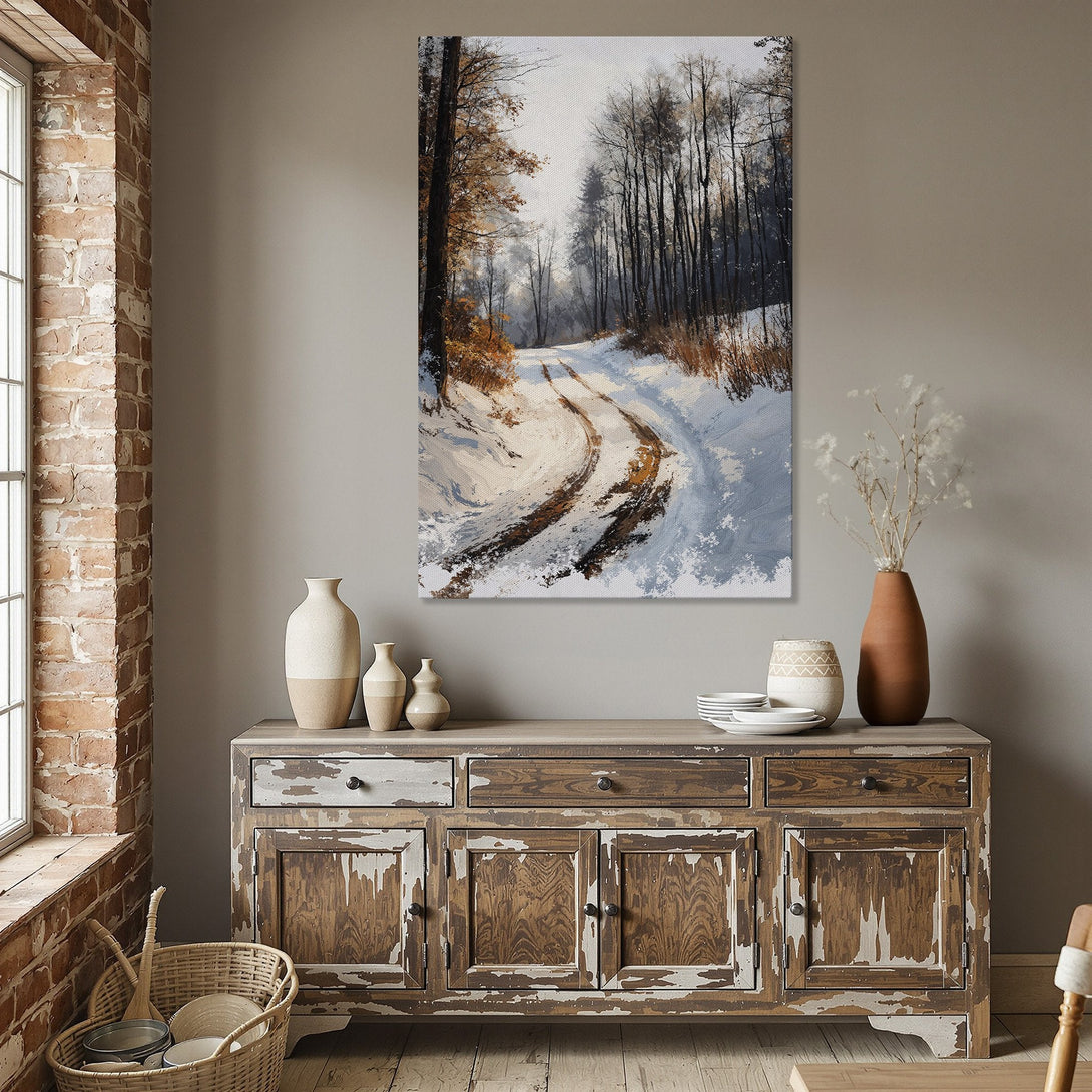 Framed Wall Art: Winter landscape Canvas Print with snowy path, trees, and warm gold tones. Perfect for adding cozy, rustic charm to your dining room.