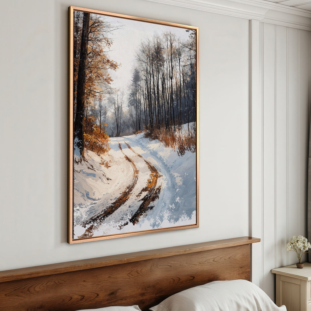 Framed Wall Art: Winter forest landscape in a warm, neutral color palette. Perfect for adding a touch of nature and cozy style to your home.