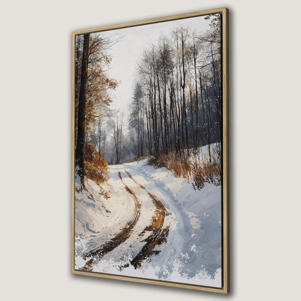 Framed Wall Art: Winter forest scene in muted tones. Canvas print of a snowy road through a forest with a neutral color palette, perfect for your home decor.