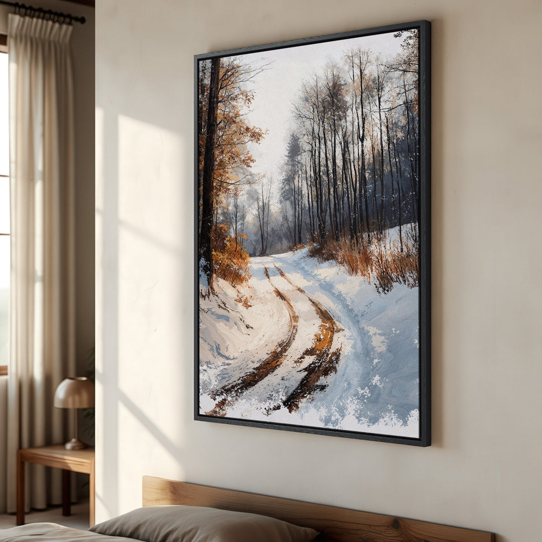 Framed Wall Art: Winter forest landscape Canvas Print in muted blues, browns, and whites. Bring the beauty of nature indoors with this stunning artwork.