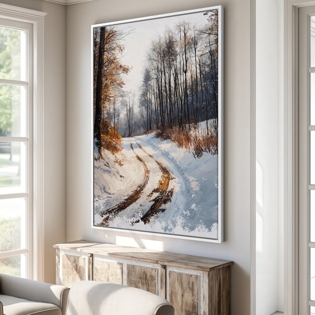 Framed Wall Art: Winter forest scene in muted blues, browns, and whites. Landscape art canvas print adds warmth and style to your home decor.