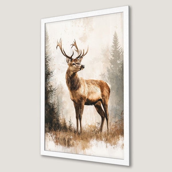 Framed Poster featuring a majestic stag in a watercolor style forest scene, with a warm neutral color palette. Perfect wall art!