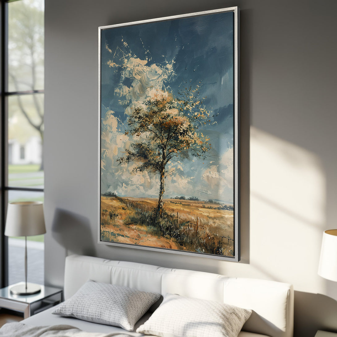 Framed Wall Art: Impressionistic landscape Canvas Print with a tree, featuring a blue and gold color palette, perfect for adding a touch of nature to your home.