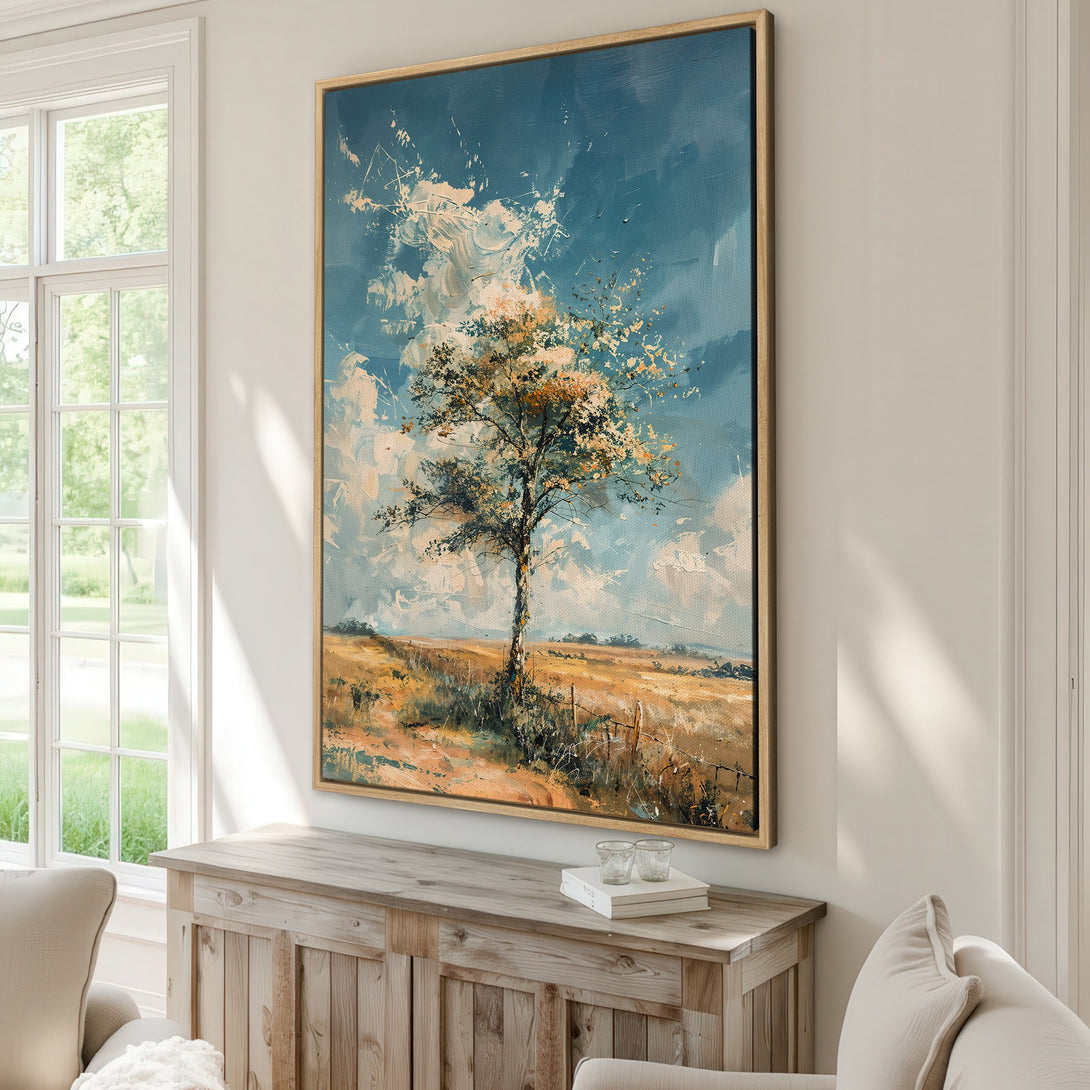 Framed Wall Art: Impressionistic landscape Canvas Print with a tree, blue sky, and warm earth tones. Perfect for adding a touch of nature to your home decor.