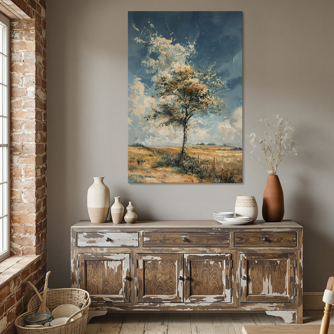 Framed Wall Art: Landscape painting with a tree, blue sky, and golden hues. Perfect for dining room decor. Add a touch of nature to your home!