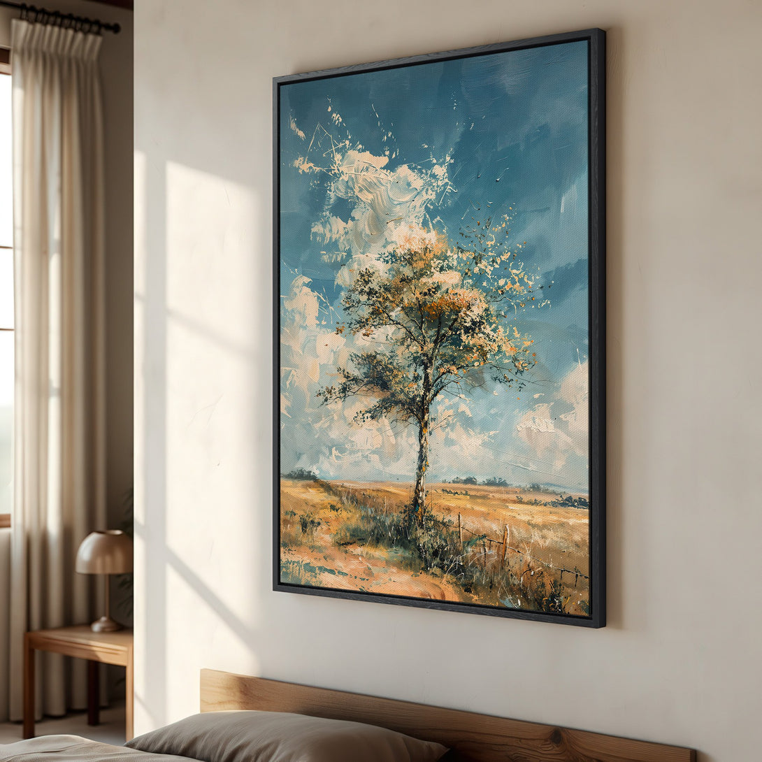 Framed Wall Art: Impressionist landscape Canvas Print with a tree, blue sky, and warm earth tones. Perfect for adding art to your bedroom.