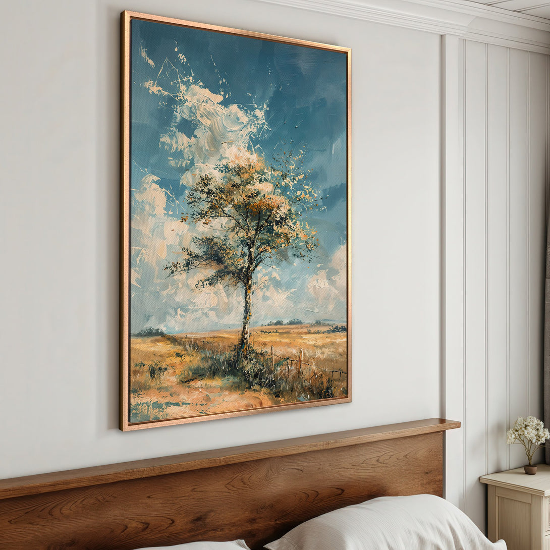 Framed Wall Art: Impressionist landscape Canvas Print with a tree, blue sky, and warm earthy tones. Perfect for adding a touch of nature to your home.