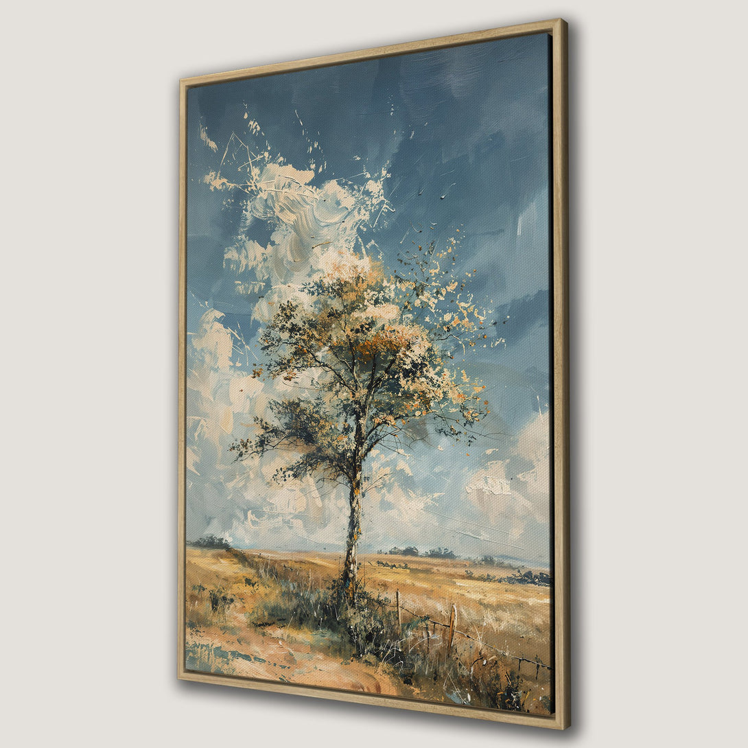 Framed Wall Art: Impressionistic landscape painting of a tree in a field, featuring a blue sky, warm earth tones, and a textured, artistic style.