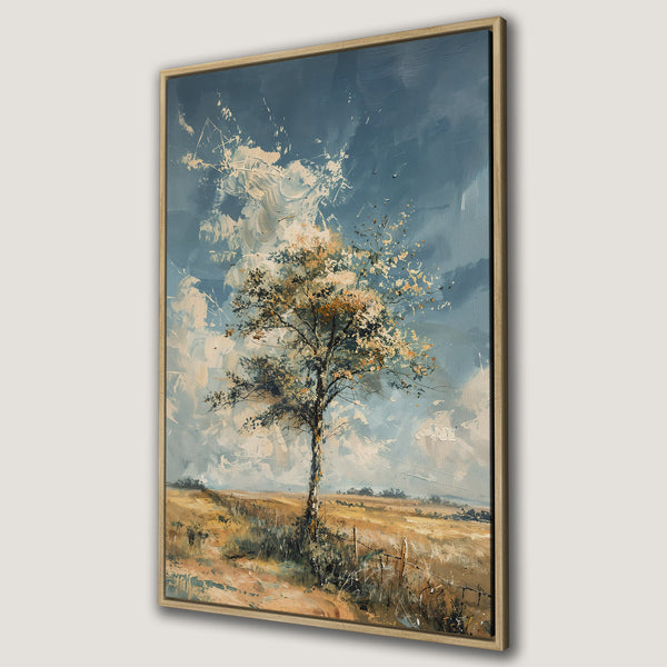 Framed Wall Art: Impressionistic landscape painting of a tree in a field, featuring a blue sky, warm earth tones, and a textured, artistic style.