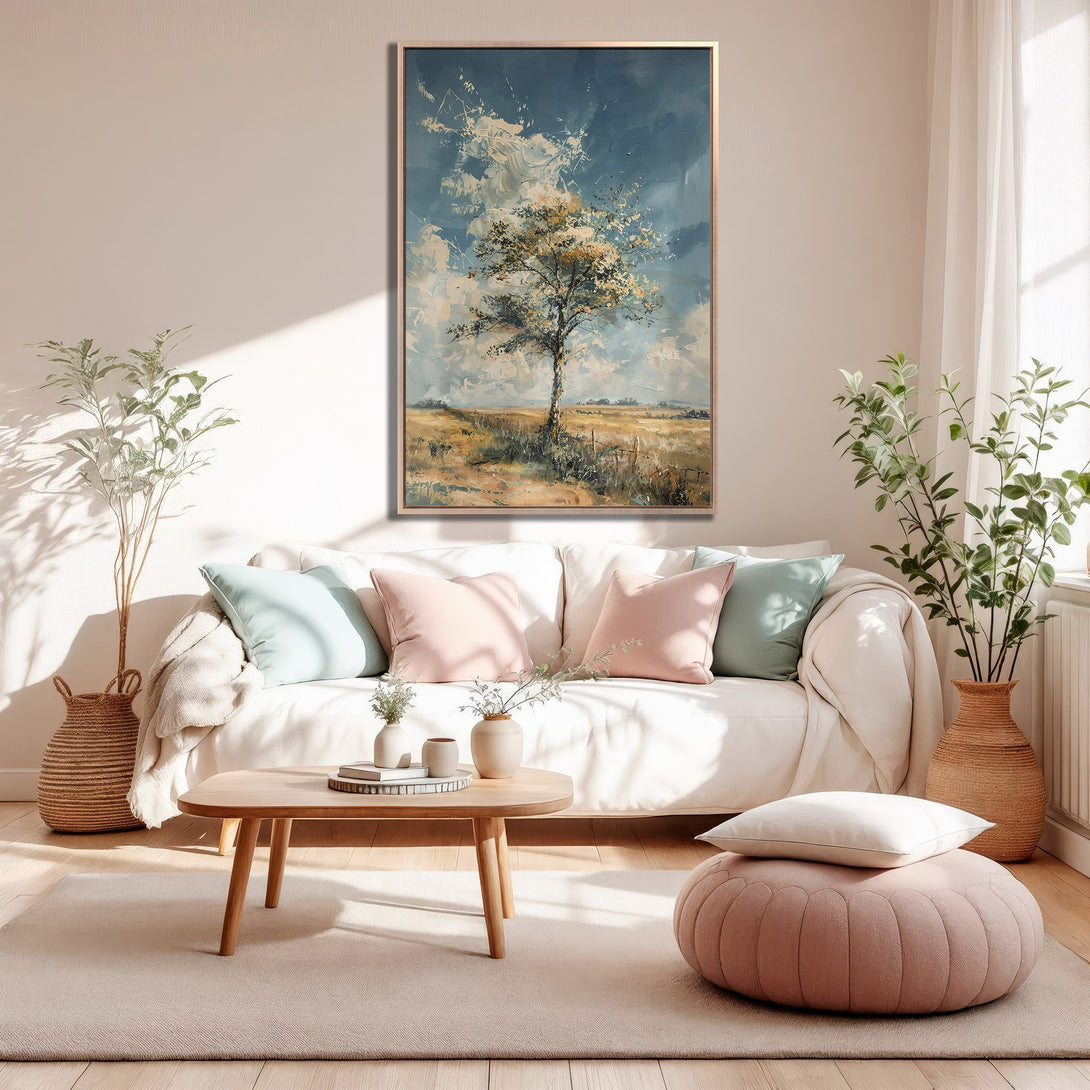 Framed Wall Art featuring an impressionistic tree landscape in a neutral palette. Perfect for adding a touch of nature and calming vibes to your living room.