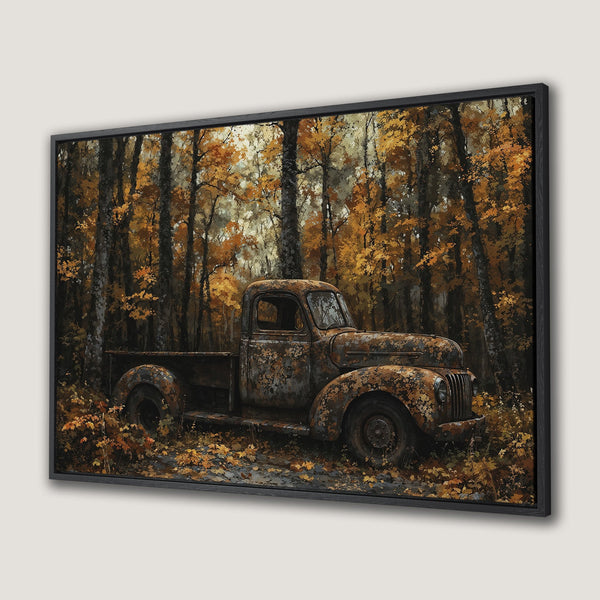 Framed Wall Art: Rustic truck in autumn forest. Warm, earthy tones. Perfect for farmhouse decor. Canvas Print adds cozy charm to any room.
