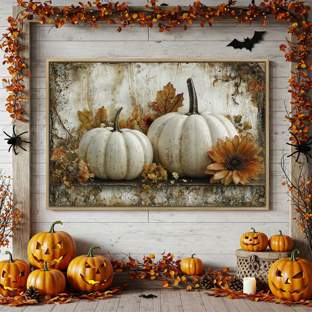 Framed Wall Art: Rustic pumpkin print with fall leaves, warm orange & cream tones. Perfect Halloween decor for your home.