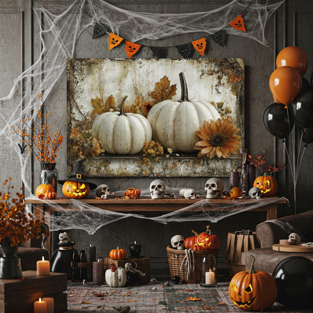 Framed Wall Art featuring a rustic Halloween pumpkin still life in warm autumn tones. Perfect seasonal decor for your home!
