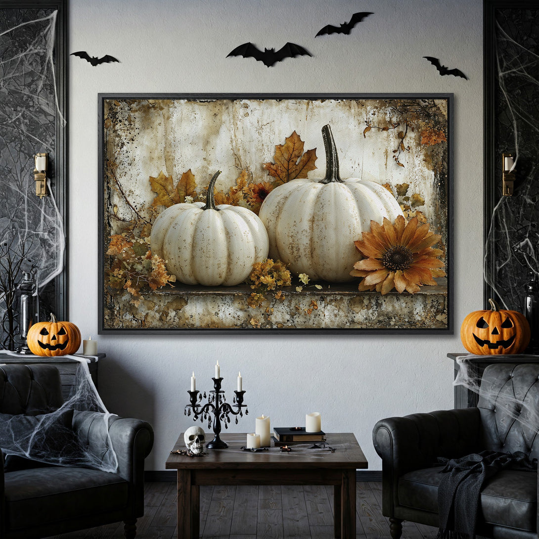 Framed Wall Art featuring white pumpkins and autumn leaves. Rustic style with warm, earthy tones. Perfect Halloween decor!