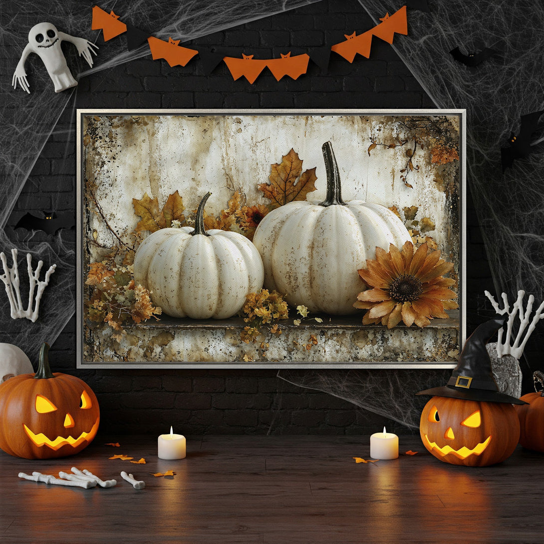Framed Wall Art: Rustic Halloween pumpkin canvas print. Warm orange & cream color palette. Perfect seasonal decor for your home!