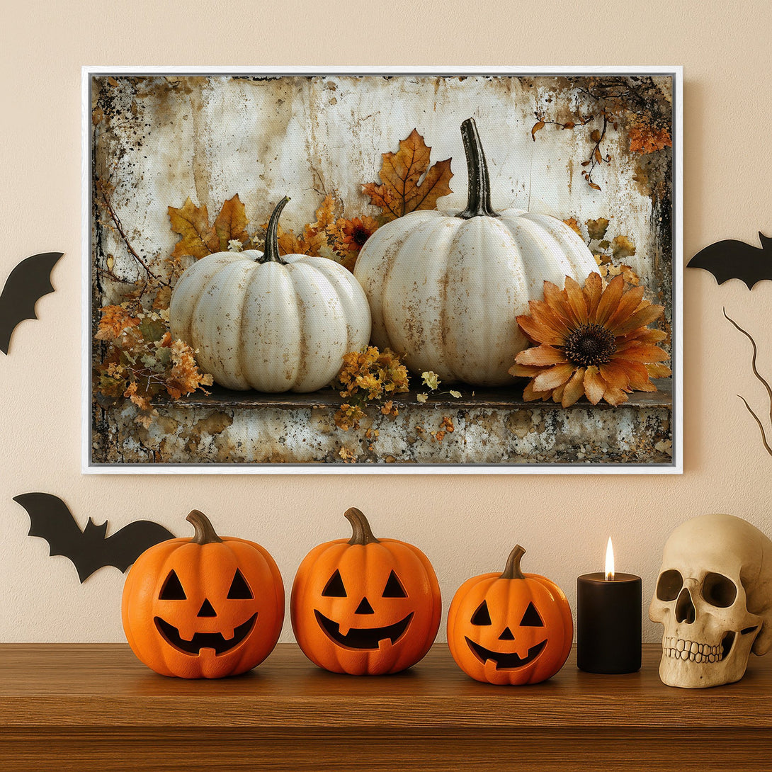 Framed Wall Art: Rustic Halloween scene featuring pumpkins & autumn leaves in warm tones. Perfect fall decor!