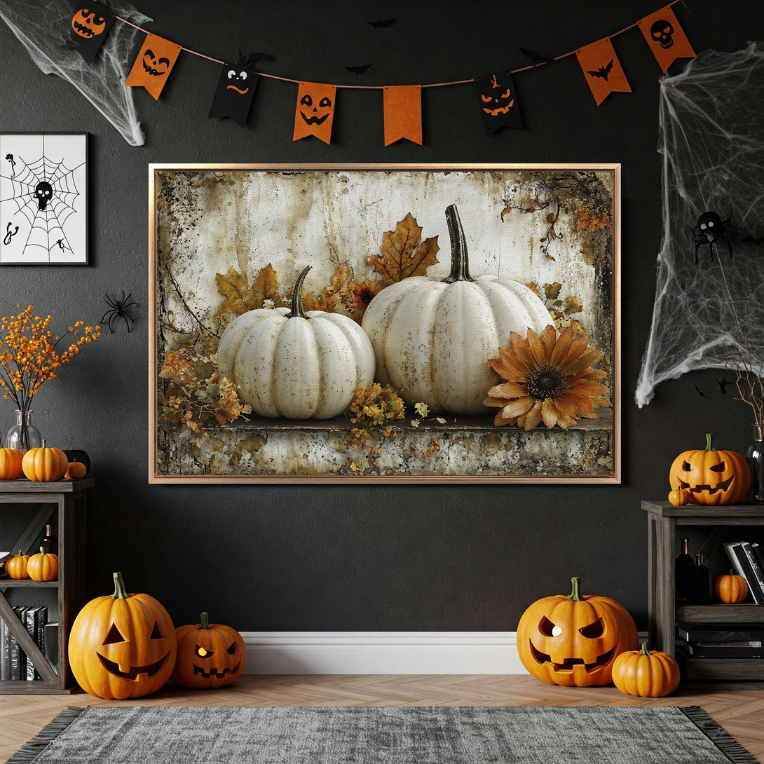 Framed Wall Art: Rustic pumpkins in a warm, autumnal palette. Perfect Halloween decor, adding a touch of farmhouse charm to your space. Shop now!