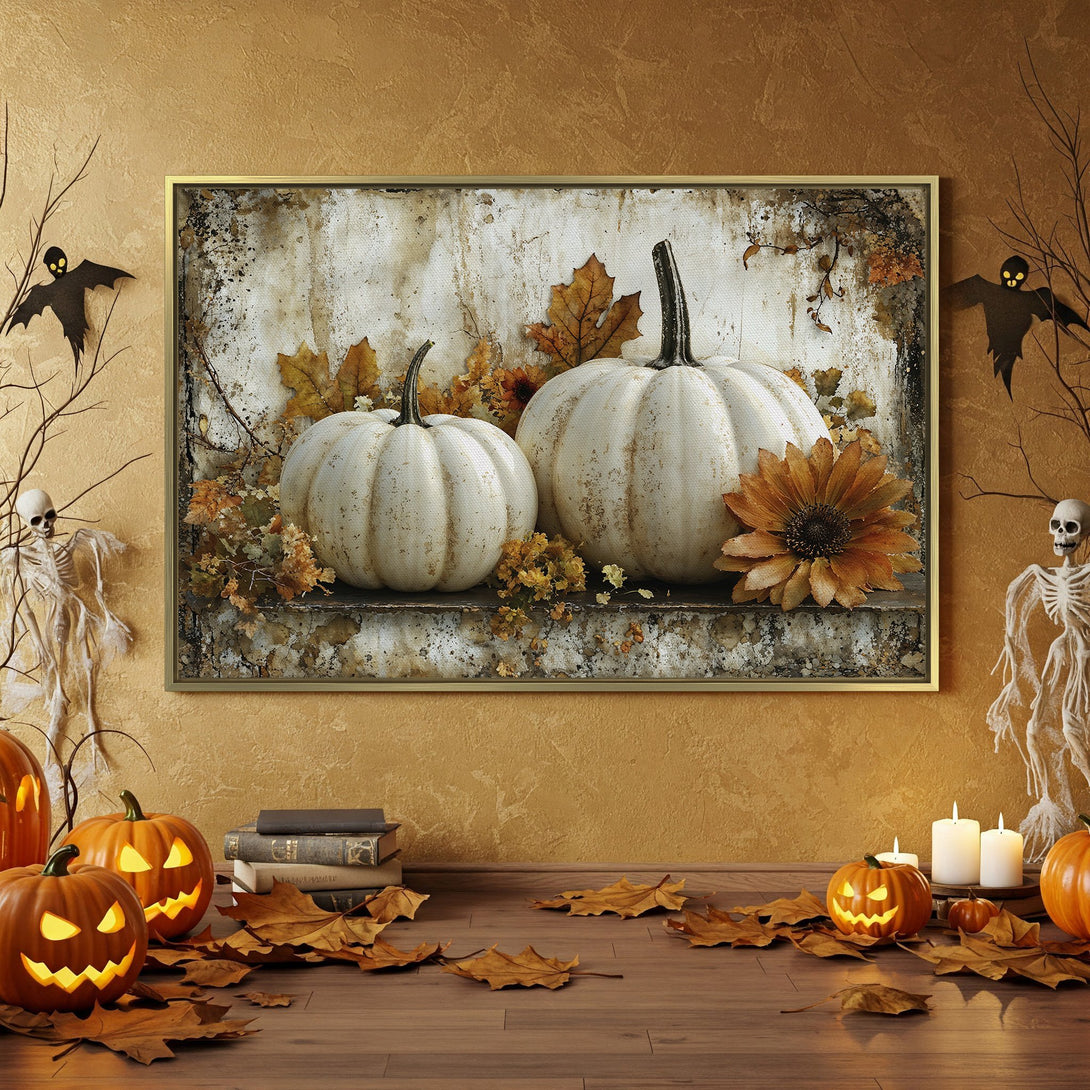 Halloween Canvas Print featuring white pumpkins, fall leaves, and warm orange tones. Perfect for spooky seasonal decor!